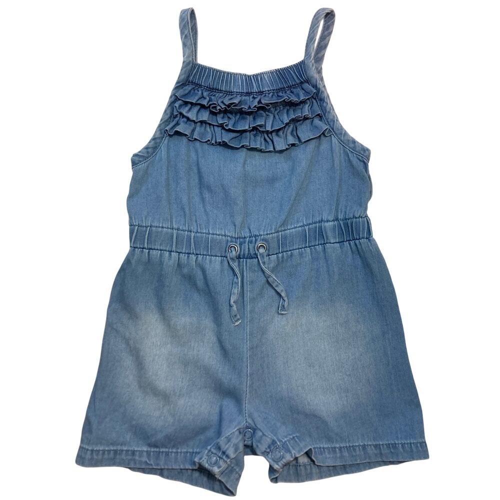 Cherokee Blue Chambray Denim Spaghetti Strap Ruffle Shorts Romper One Piece 6-9m